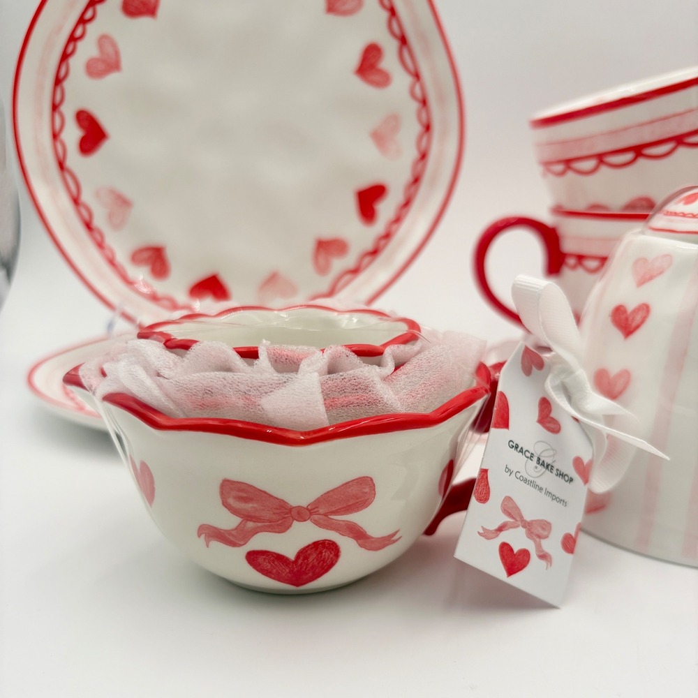 Grace Bake Shop Hearts Ceramic Baking Set Measuring Cups Sugar Creamer Plates - Picture 2 of 11